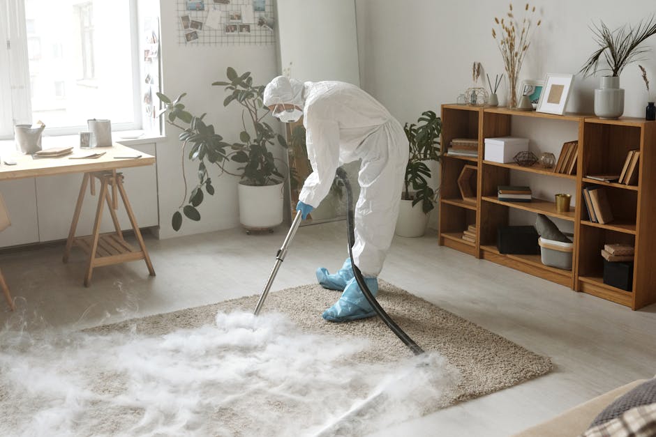 Close-up of a vacuum cleaner nozzle actively cleaning a patterned area rug with a floral design, featuring a mix of beige, green, and orange hues. The image shows part of a person in casual clothing a